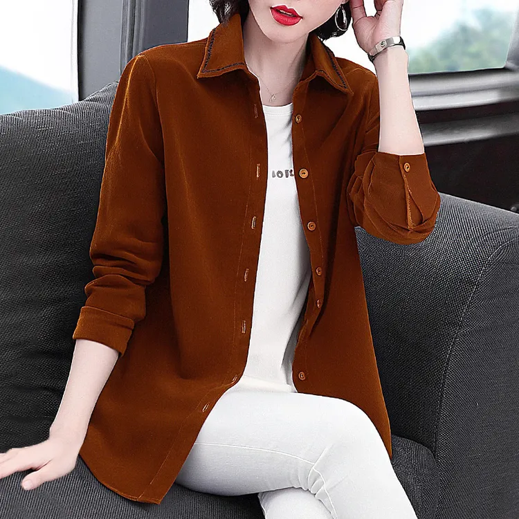 时尚灯芯绒上衣女士秋季长袖2025新款大码衬衫洋气翻领中长款衬衣