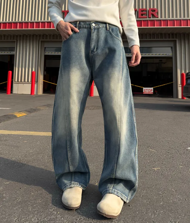 【王零五】WLW秋冬复古宽松复古蓝百搭休闲阔腿弯刀牛仔裤A20