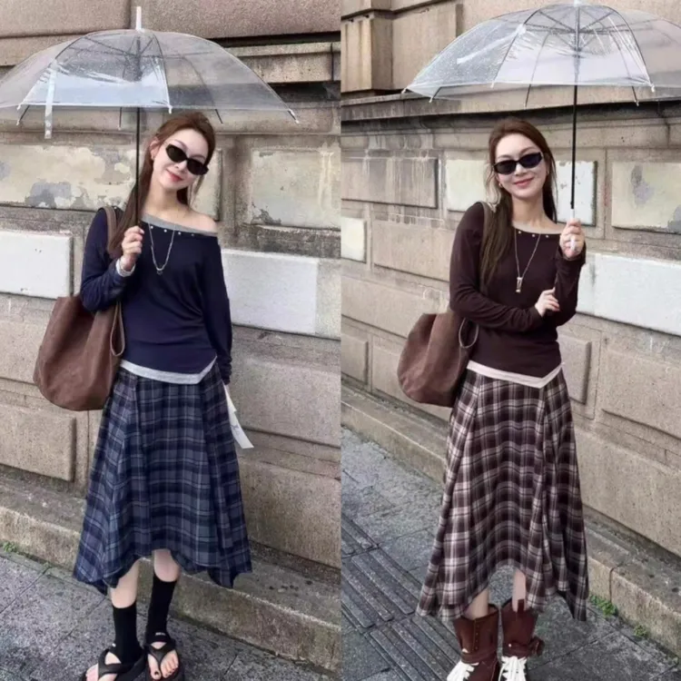 807-1韩系斜领上衣＋高腰长裙两件套新款性感辣妹套装