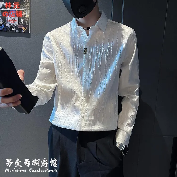 秋装高级感衬衫白色长袖男士韩版潮流寸衫套装设计感小众潮牌衬衣