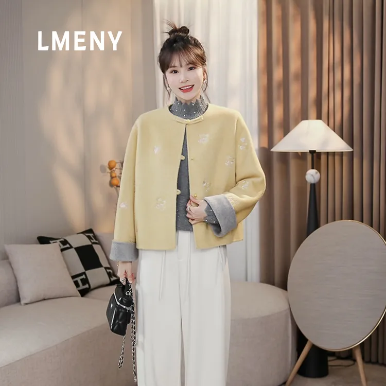 LMENY“朝花夕拾”全羊毛大衣女2025冬新款盘扣圆领国风外套25DW035