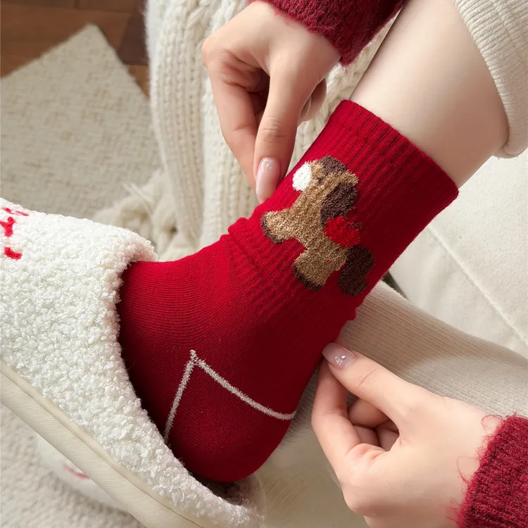 马年红袜子女本命年棉袜中筒秋冬2026属马可爱卡通条纹新年结婚袜