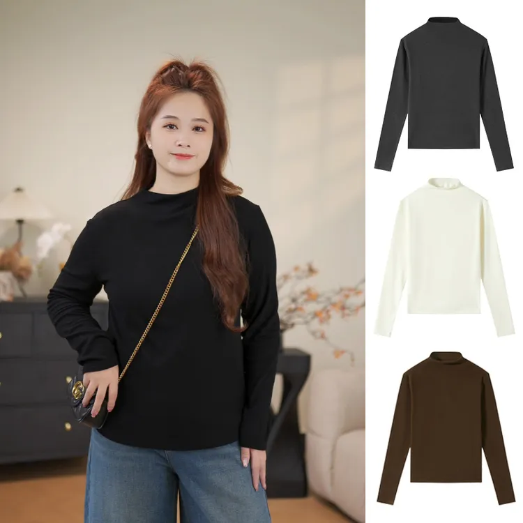 映晴加绒磨毛大码女装小立领打底衫百搭长袖半高领遮肉内搭T恤2