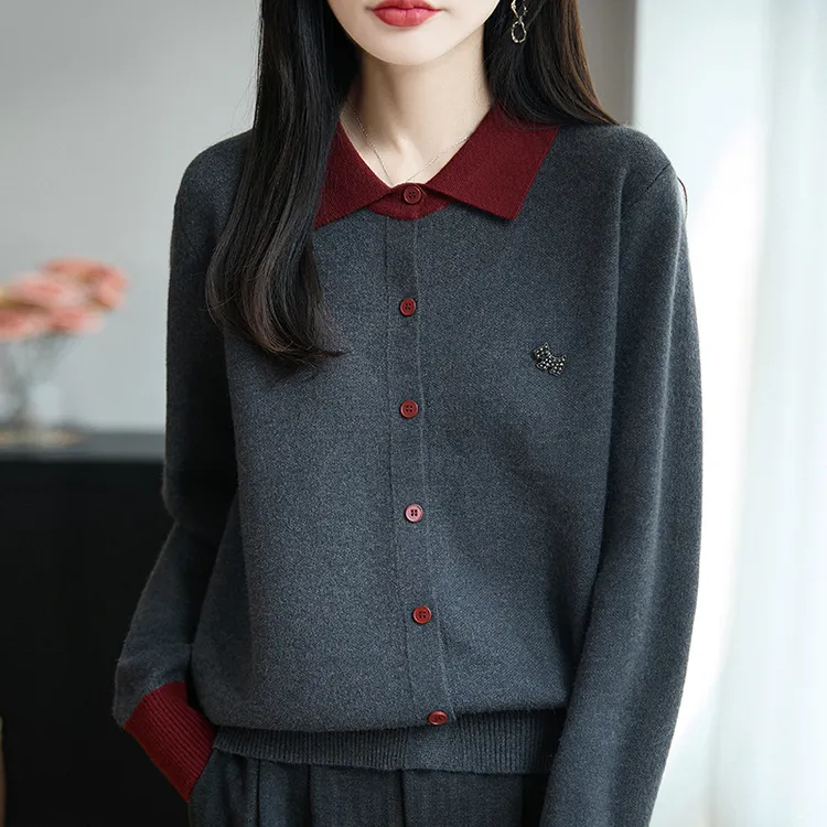撞色Polo领上衣女春秋大码针织开衫宽松洋气外搭短款翻领毛衣外套