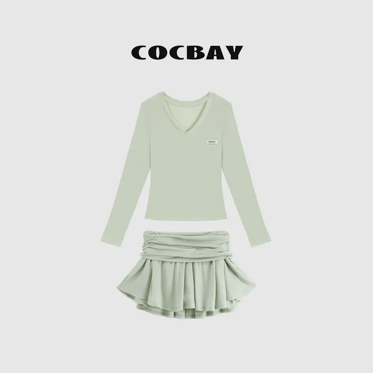 COCBAY-Urban Drift|夏日凉感v领长袖半身裙夏季气质套装YT0022