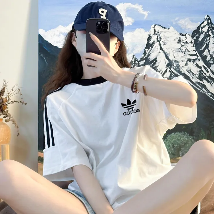 官方正品奥特莱斯美式印花三条杠短袖恤女夏季百搭宽松纯棉上衣