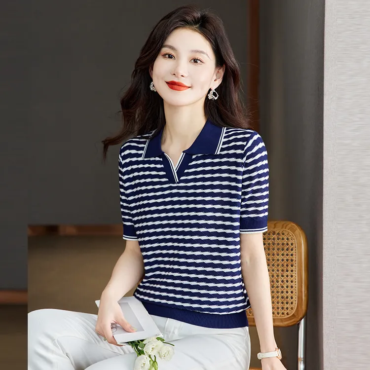 哥弟阿玛施正品夏季新款桑蚕丝短袖T恤女装宽松条纹翻领POLO衫薄