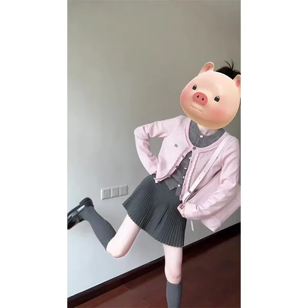 韩系甜美软糯花边开衫撞色假两件修身百搭短款毛衣搭配裙子套装