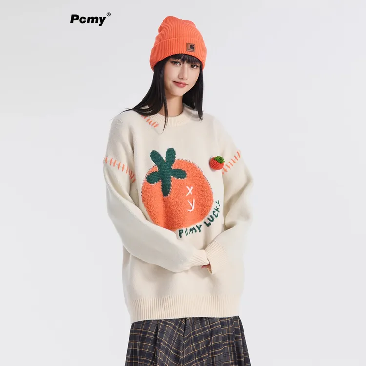 PCMY潮牌男女同款可爱柿子提花圆领毛衣针织衫女情侣装慵懒风上衣