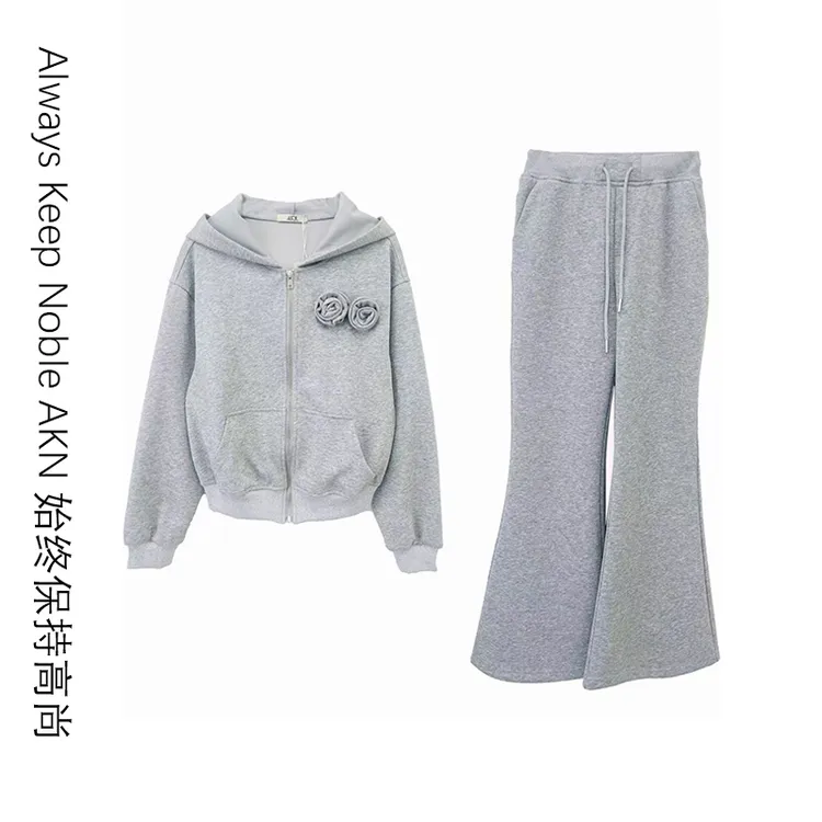 艾珂妮8042【小个子款两件套】原宿风立体花朵灰色卫衣两件套套装