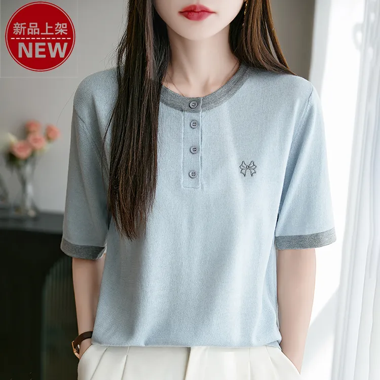 哥弟阿玛施正品夏季新款时尚拼色圆领小蝴蝶结刺绣短袖套头针织衫