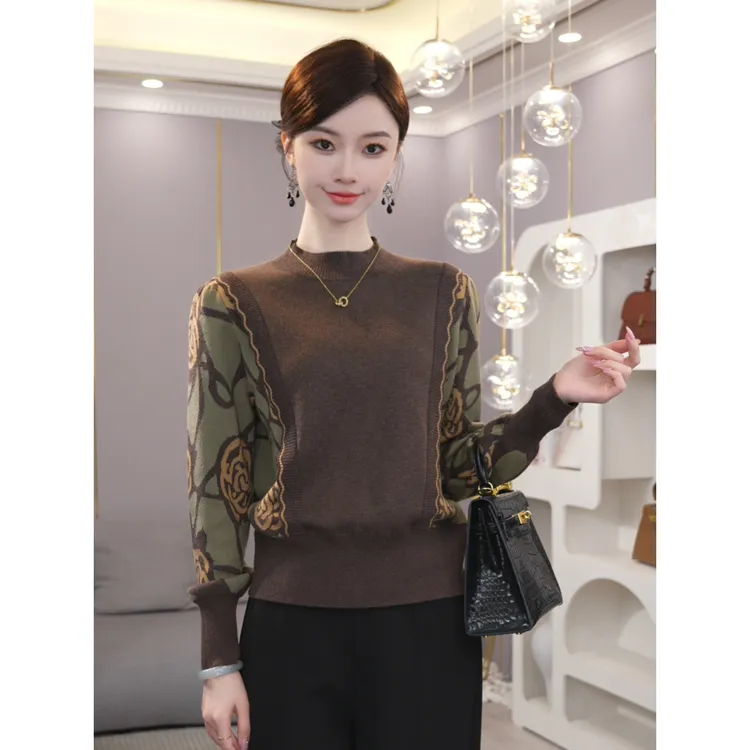 唐熹秋冬新款【Q-D847】含绵羊毛咖色假两件秋冬毛衣针织打底衫上衣