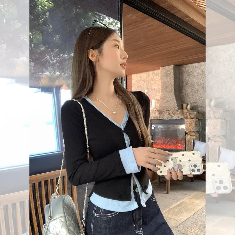 性感辣妹假两件针织长袖T恤女2025早秋新款纽扣设计感气质v领上衣