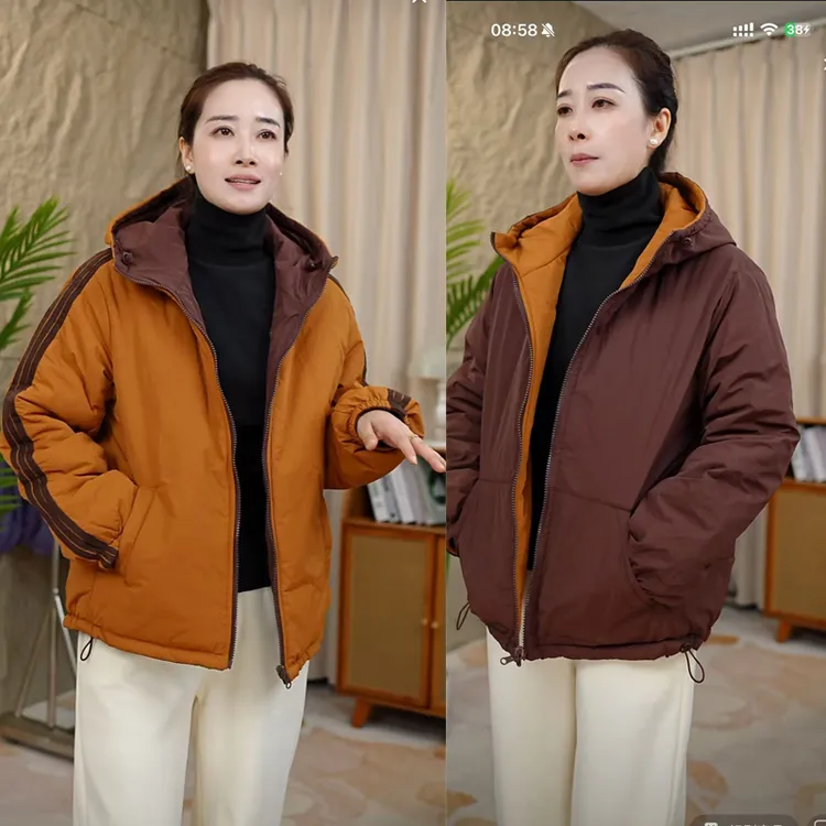 【双面双穿】新款冬季加厚连帽宽松显瘦拼接休闲上衣棉服外套大码