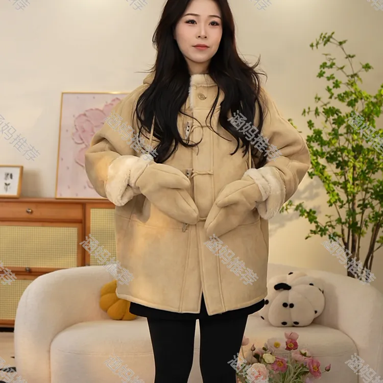 【涵妈推荐】女童冬季外套新款洋气中大童加绒加厚连帽一体大衣