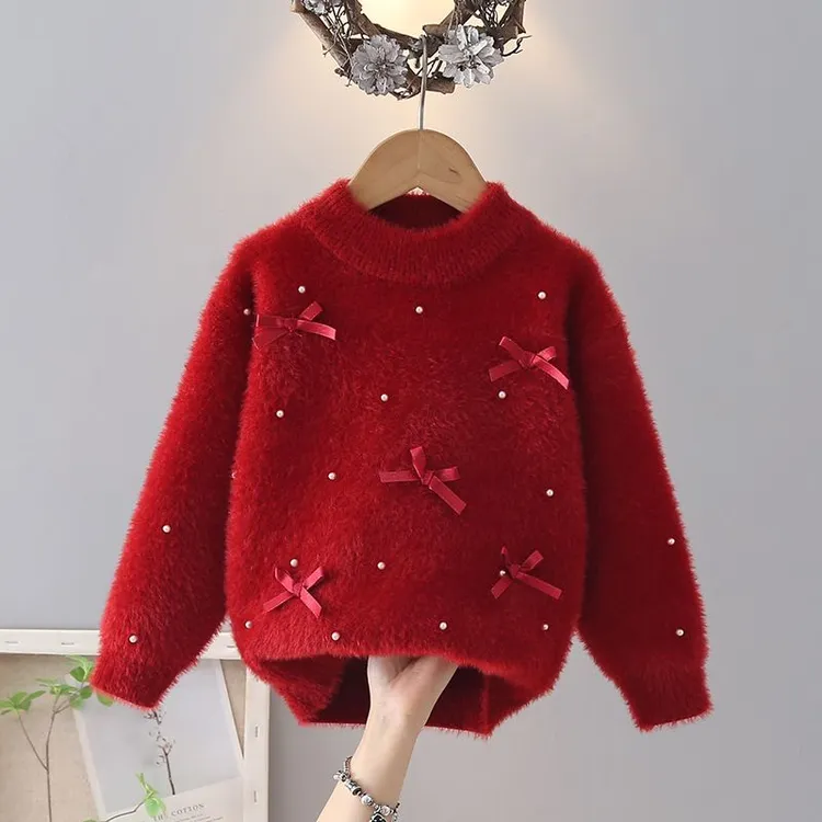 女童毛衣秋冬加厚水貂绒针织圆领红色洋气打底衫冬装