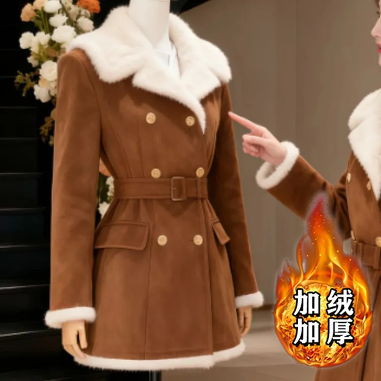 【含腰带】【加绒加厚】毛领大衣女秋冬法式收腰高级感棕色外套QY0225