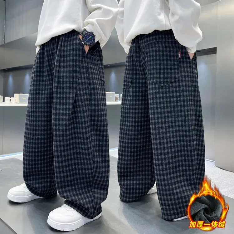 男童加绒裤子秋冬装2025冬季新款儿童一体绒格子裤休闲加厚休闲裤