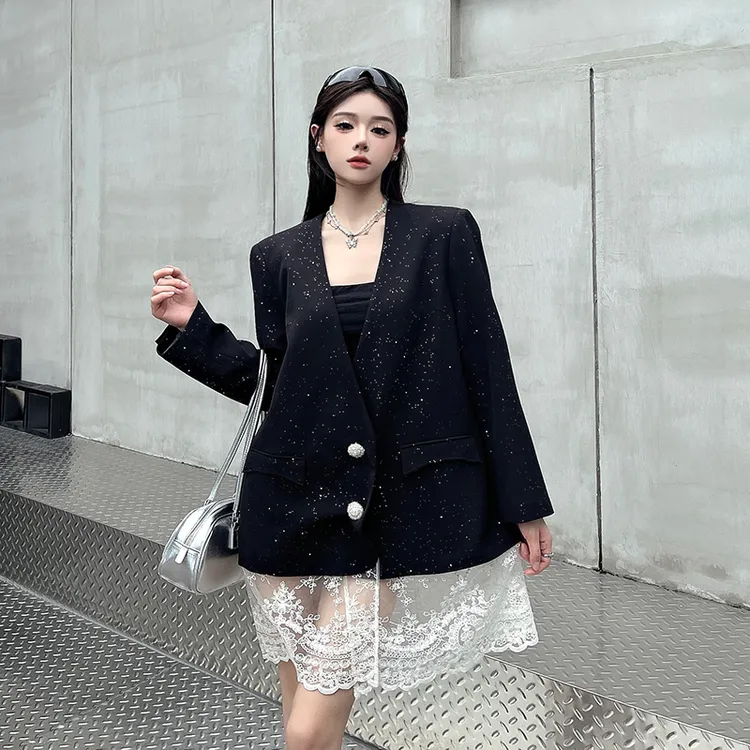 小香风设计感时尚蕾丝拼接西服外套女小清新宽松百搭减龄西装上衣