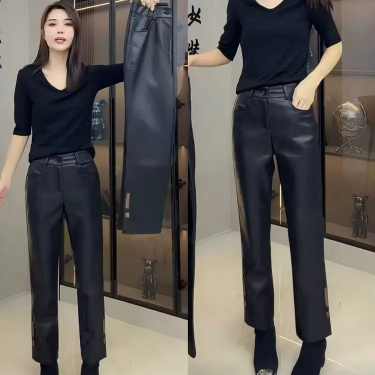 秋冬季高级感新款百搭pu显瘦休闲九分纯色洋气时尚水洗微喇皮裤女