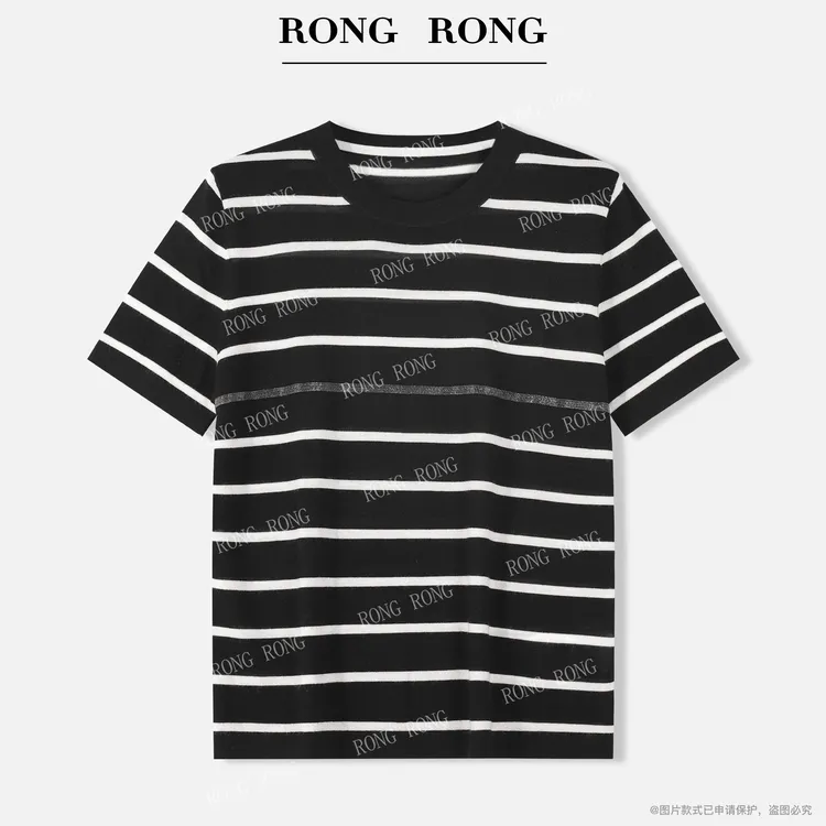 溶溶【画墨织星】RONGRONG 100莱赛尔条纹珠链透气针织休短袖250153