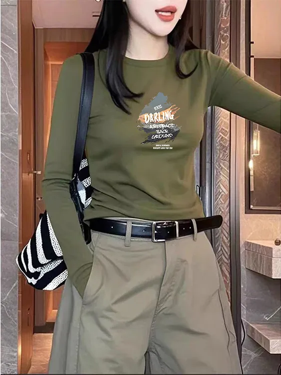 春秋冬大码圆领正肩修身显瘦长袖女T恤军绿色棉质内搭打底衫上衣