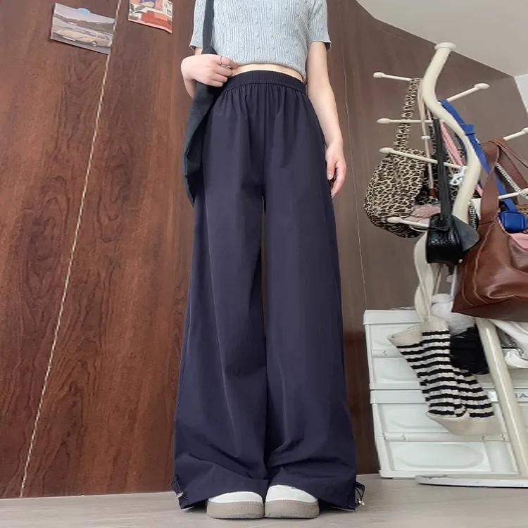 藏青色工装裤女夏季薄款美式小个子直筒裤高腰宽松显瘦休闲阔腿裤