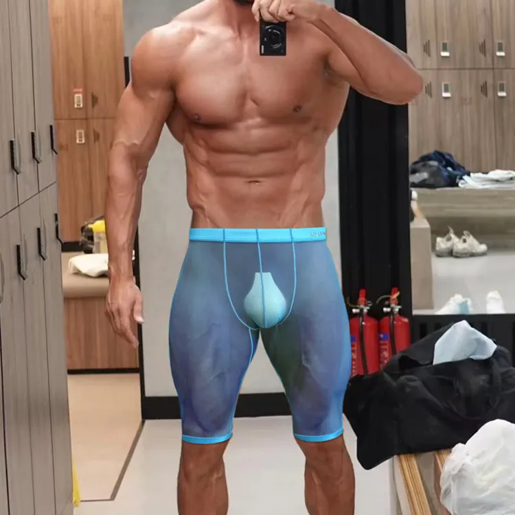 性感骑行裤健身超薄运动透明冰丝加长版五分内裤透气男士