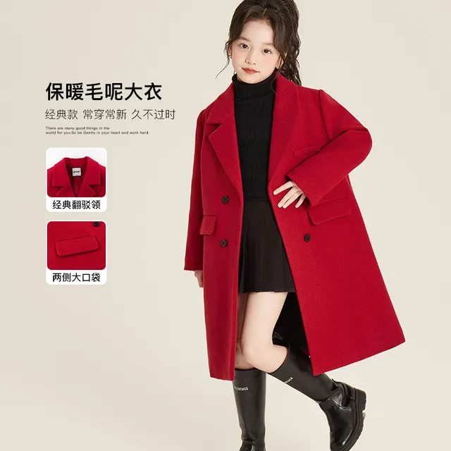 Amybaby女童外套冬季2025新款加厚百搭单排扣双面羊绒毛呢大衣