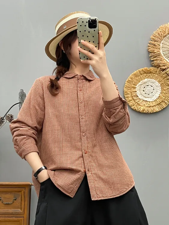新款文艺复古圆角纯棉加厚格子衬衫保暖长袖女士百搭秋冬格纹衬衣