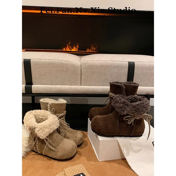 绒毛雪地靴女冬季新款厚底大头马丁靴加绒保暖勃肯靴