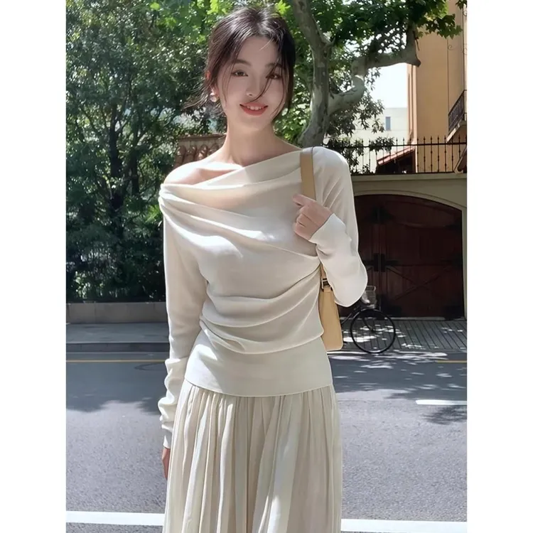 白色荡领露肩一字肩长袖T恤春秋季新款女装设计感纯欲上衣YW8498