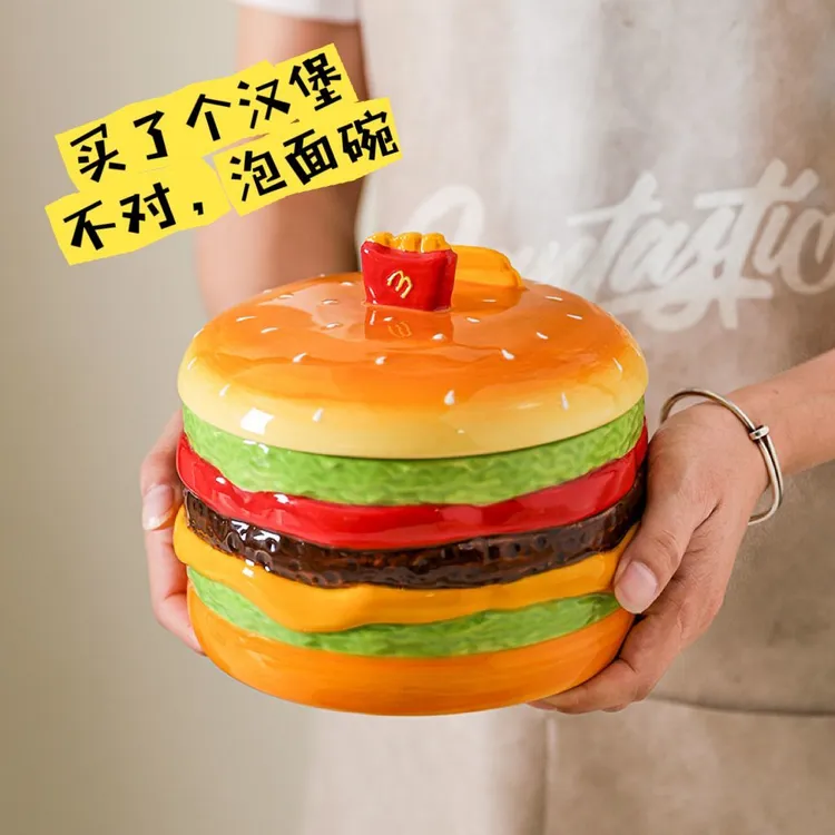 爆款网红汉堡泡面碗可爱餐具大容量带盖创意家居漂亮陶瓷碗一套