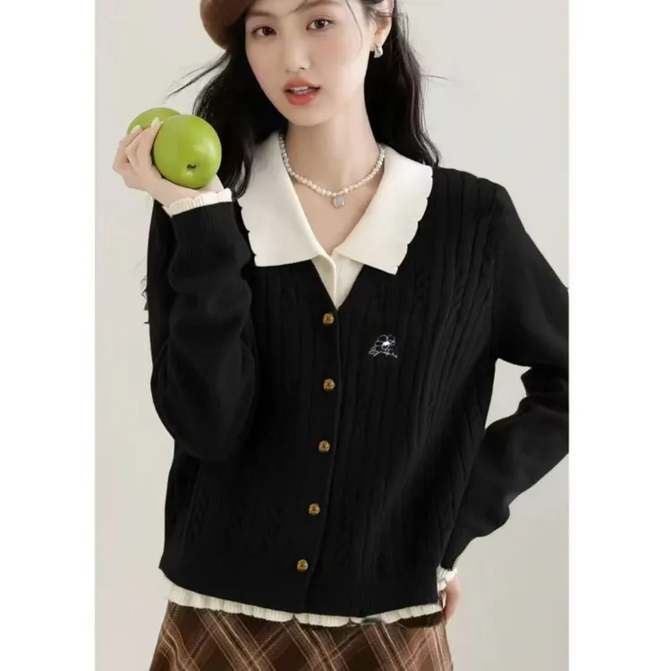 2025秋冬娃娃领正肩针织女款大码胖mm假两件上衣9207#