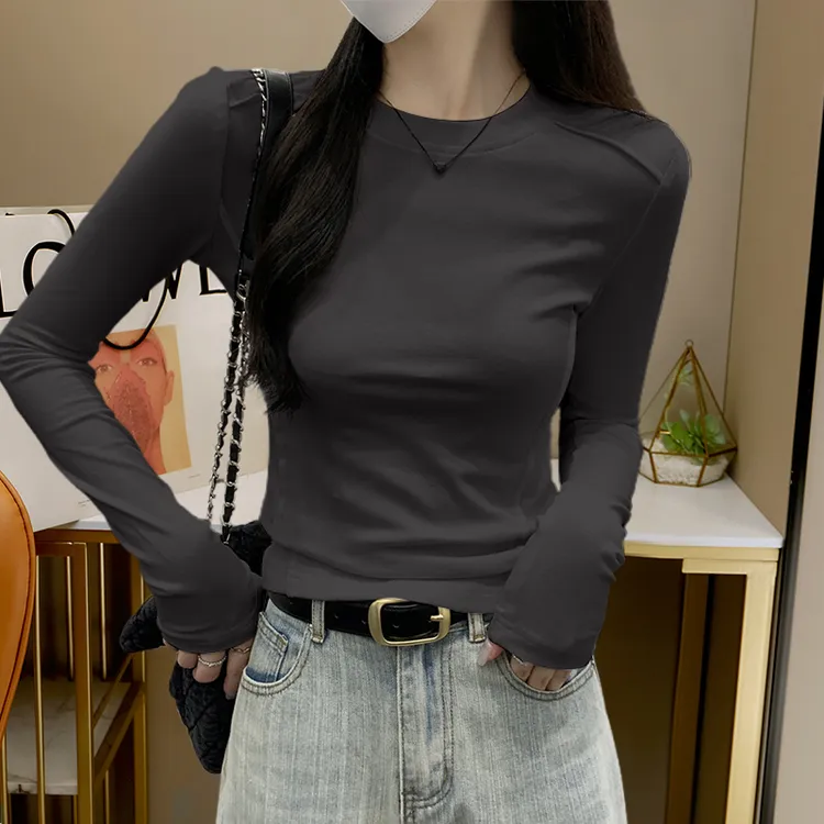 欧货设计感鱼骨上女修身显瘦打底衫早春季碳灰色内搭正肩长袖T恤