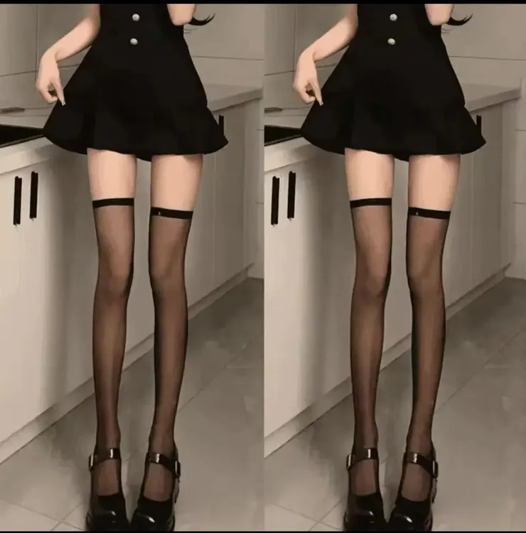 紫色过膝丝袜半截长筒袜薄款高筒袜升级纯欲蕾丝JK春秋无边大腿袜