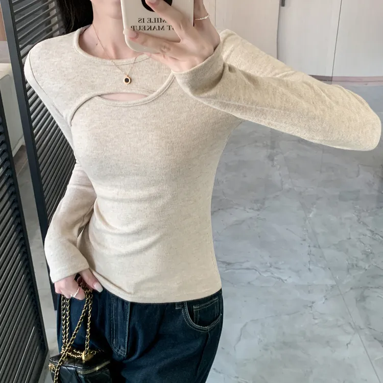 1065-打底衫女秋冬季镂空设计感2025新款辣妹长袖t恤内搭上衣纯色