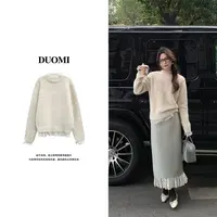 【DUOMI】秋款女装时尚百搭小众风套头拼花边长袖毛衣女上衣D8060