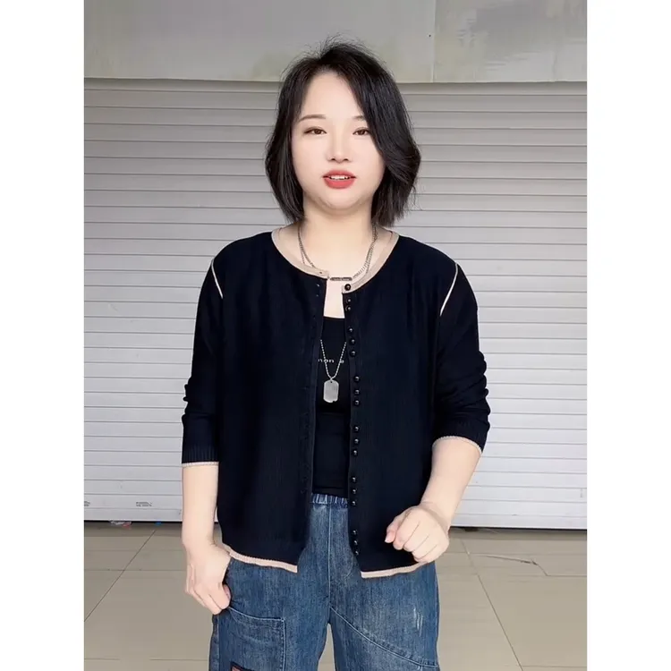 拼色时尚双排扣针织开衫外套女秋冬大码宽松洋气毛衣设计感上衣潮