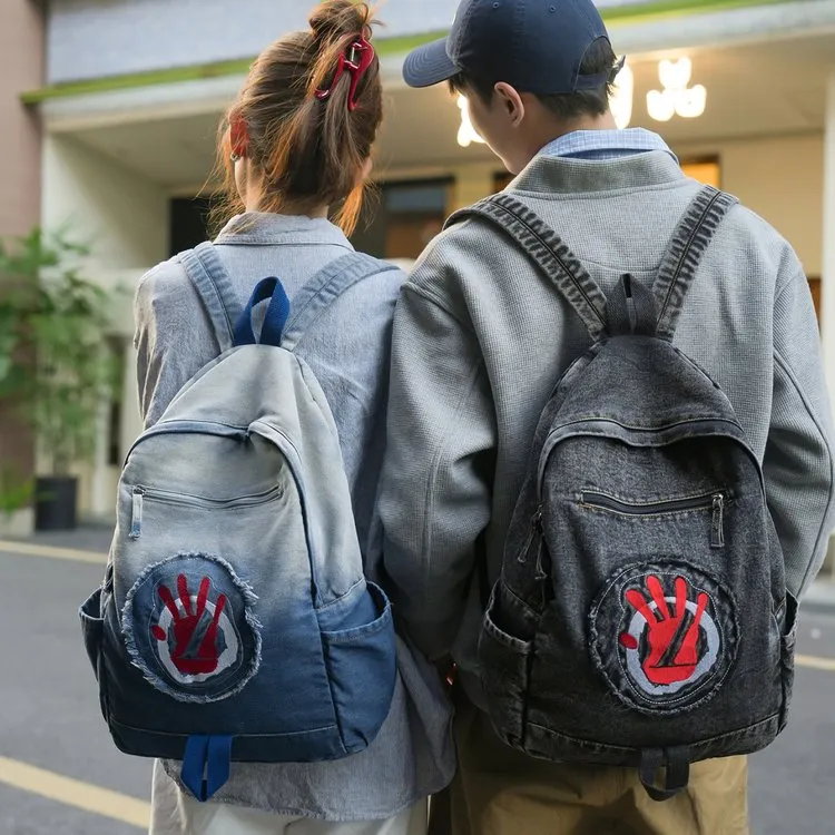 双肩背包书包尼龙布拉链复古水洗牛仔布双肩包时尚男大容量轻便女