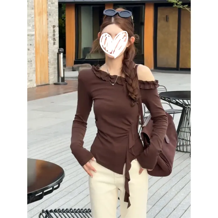 美式辣妹风木耳边斜肩长袖T恤女早秋新款修身显瘦设计感小众上衣