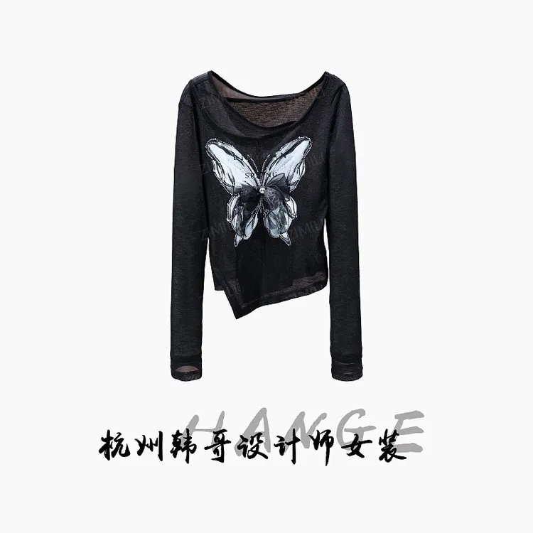【韩哥女装】2025秋季欧版设计暗夜黑网纱蝴蝶烫钻高弹上衣9821-A1