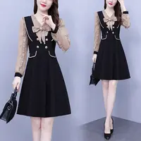 法式拼色连衣裙女长袖裙子1501# 裙长90 无口袋 无里衬