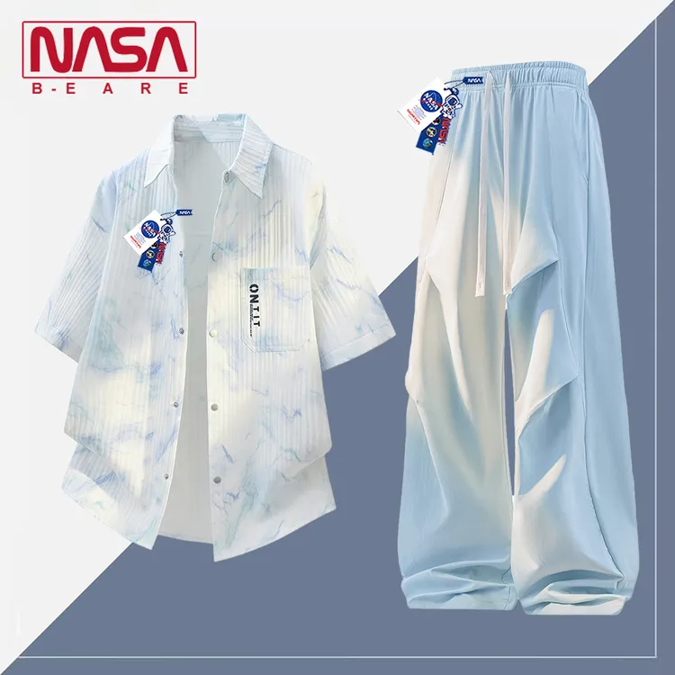 NASA联名美式潮牌扎染短袖衬衣套装男士夏季薄款衬衫长裤情侣穿搭