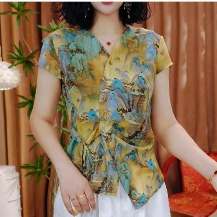 俞兆林爆款2025夏季新款国风山水印花优雅绑带修身气质衬衫上衣夏