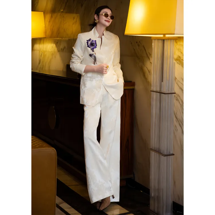 ZEROYK中国风复古提花职业装高级感重工绣花立领西服阔腿裤两件套