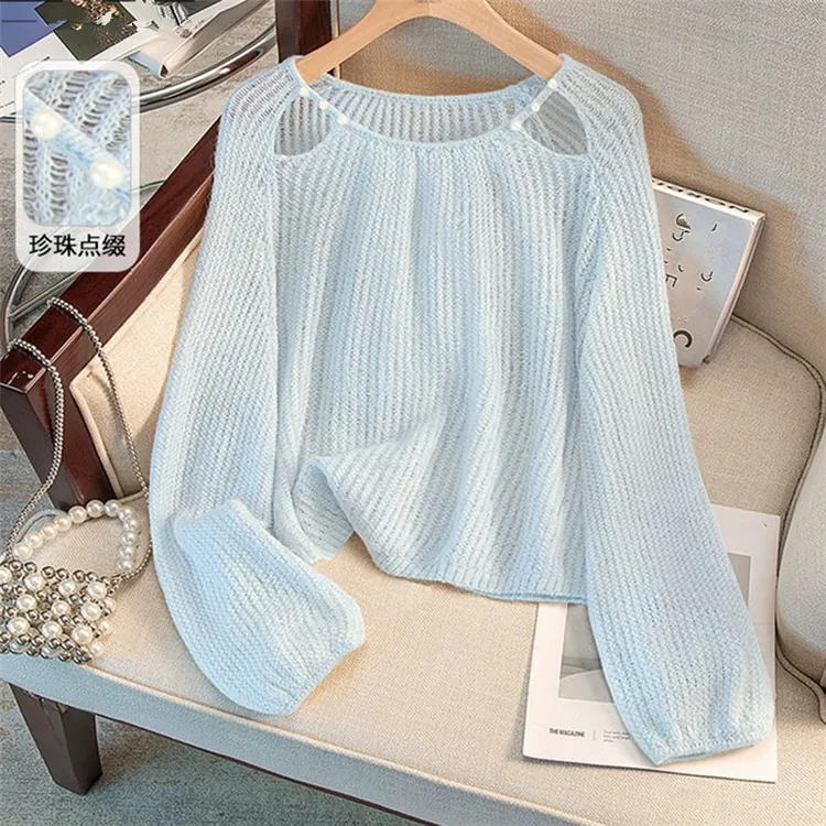圆领针织衫2025春季新款女装宽松款甜美镂空钉珠减龄上衣