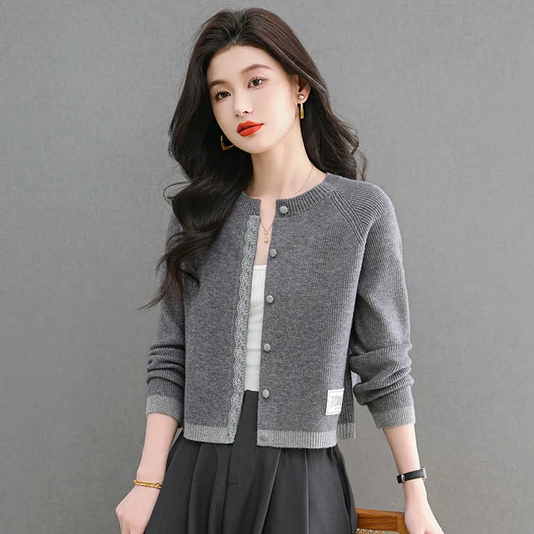 哥弟阿玛施正品秋季新款纯色圆领蕾丝边针织开衫休闲时尚百搭上衣