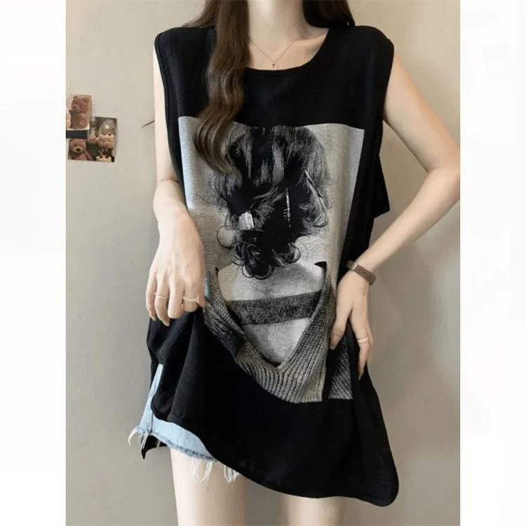 夏季新款冰丝印花中长款吊带背心女大码胖mm宽松外穿内搭无袖上衣