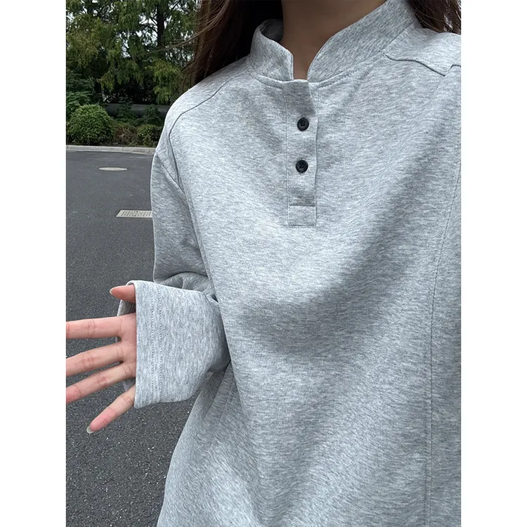 浅灰色解构亨利领卫衣男秋季美式正肩长袖T恤高级感打底衫外套潮
